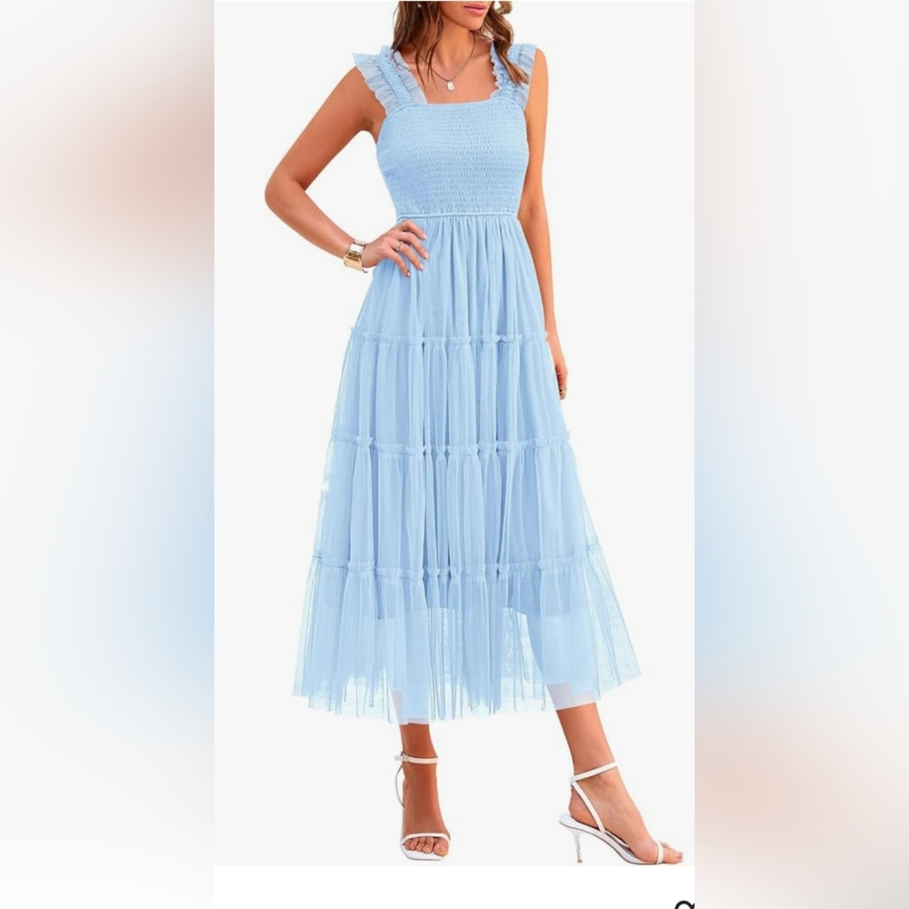 Pretty Gardens blue sheer ruffled midi dress Size Medium NWT